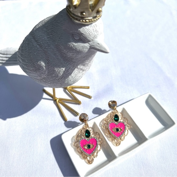 Pink Enamel Heart Earrings Green Amber Rhinestone Gold Drop Sparkly Statement - Picture 3 of 6